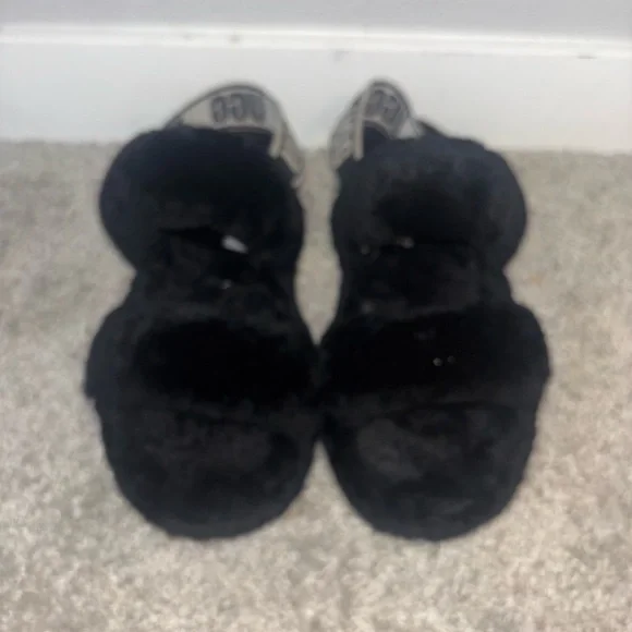 UGG Black Fluffy Slides with Logo Strap - Picture 2 of 2